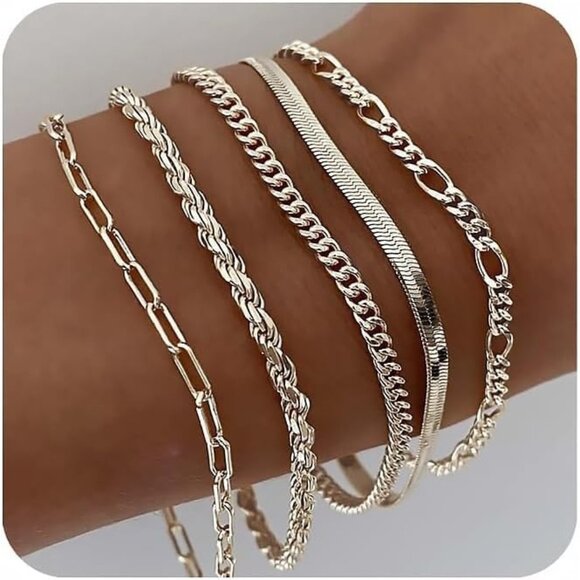 Silver Gold Bracelet for Women Waterproof Dainty Stackable Jewelry Set Accessori - Picture 1 of 8